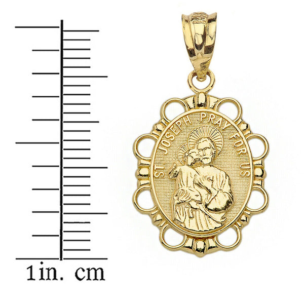 10k Solid Yellow Gold Saint Joseph Pray For Us Oval Pendant Necklace