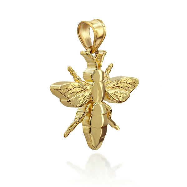 14k Solid Yellow Gold 3D Bee Pendant Necklace