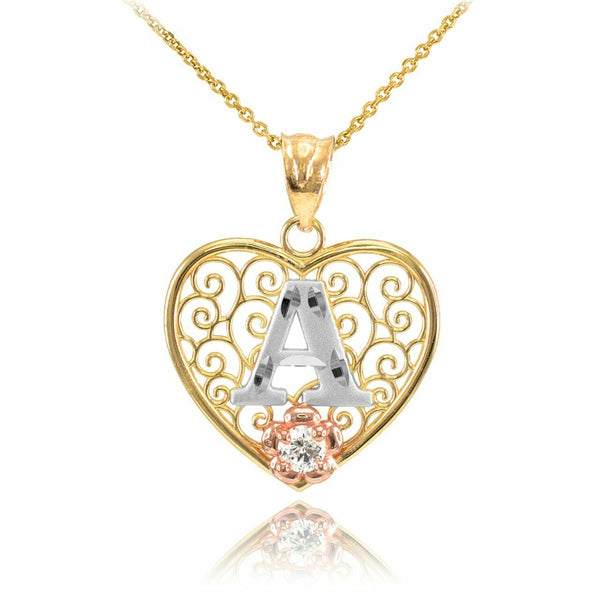 14k Solid Gold Initial Letter A Heart Filigree CZ Pendant Necklace