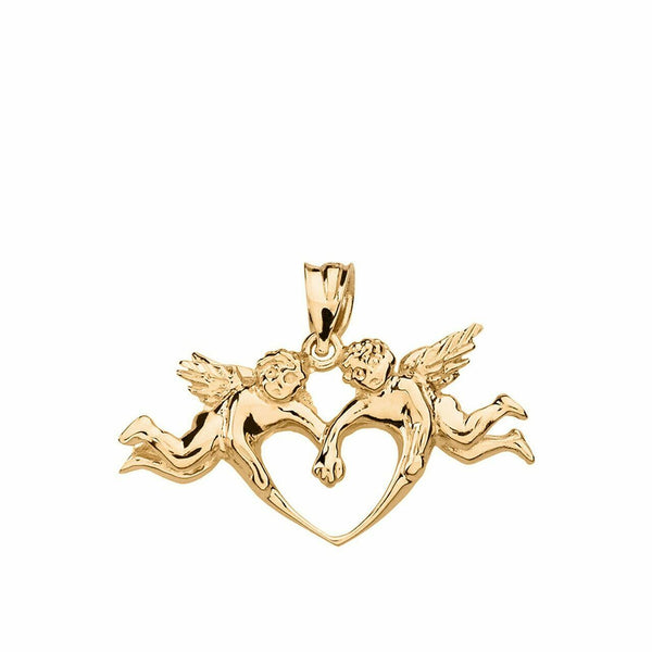 14k Solid Yellow Gold Cherub Loving Angels Love Heart Pendant Necklace