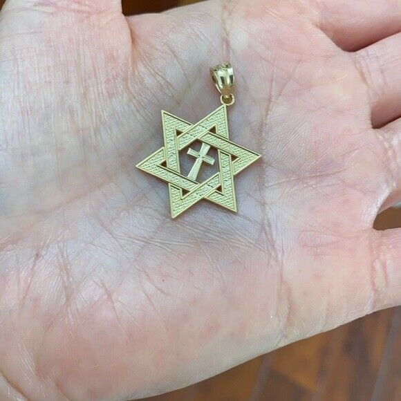 Solid 14k White Gold Jewish Star of David Cross Pendant Necklace Medium 1.25"