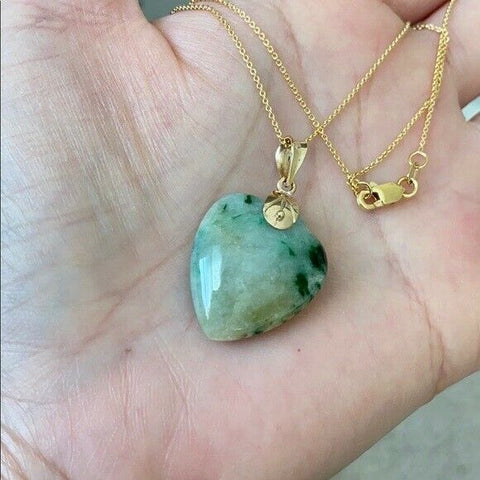 14K Solid Real Gold Genuine Natural Jadeite Jade Heart Pendant Necklace Small