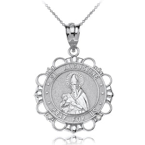 .925 Sterling Silver St CZ Saint Augustine Pray For Us Circle Pendant Necklace