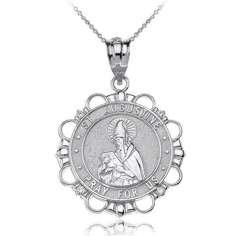 .925 Sterling Silver St CZ Saint Augustine Pray For Us Circle Pendant Necklace