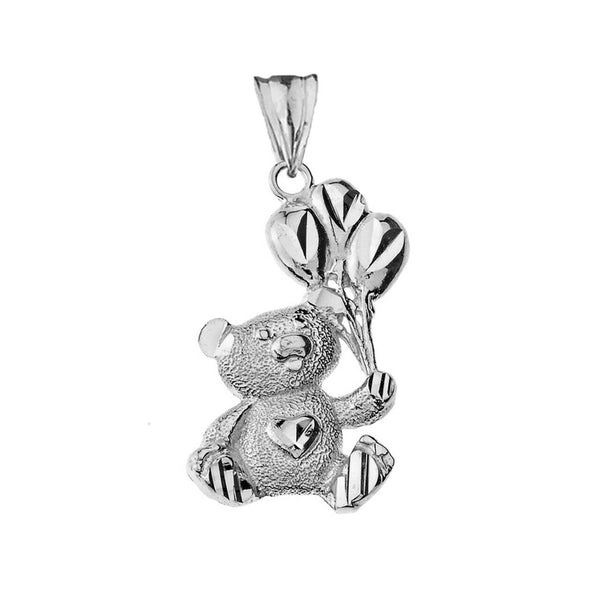 10K Solid Gold Teddy Bear with Balloon Pendant Necklace -Yellow, Rose, or White