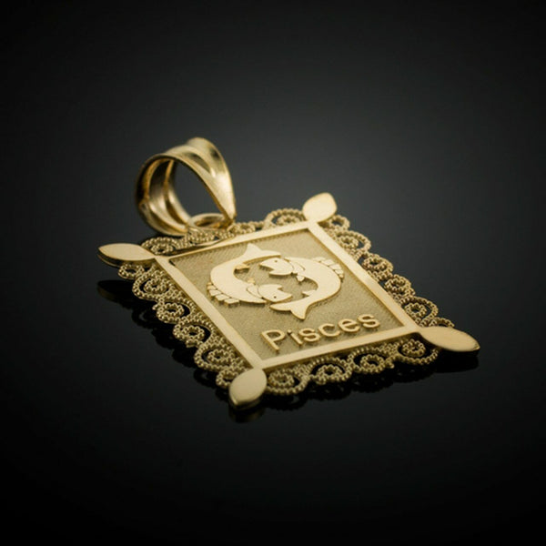 14k Solid Gold Pisces Zodiac Sign Filigree Rectangular Pendant Necklace