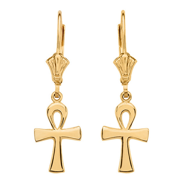 10k Yellow Gold Ancient Egyptian Ankh Cross Drop / Dangle Leverback Earrings