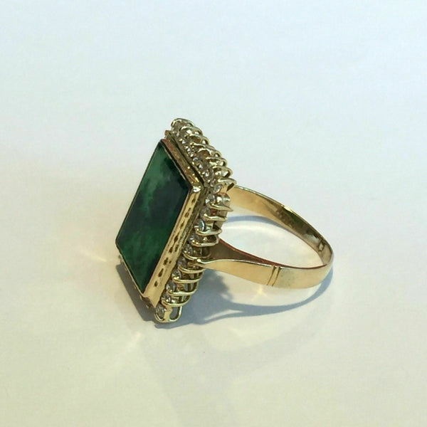 14K Solid Yellow Gold Square Green Jade Women CZ Ring Size 6.25