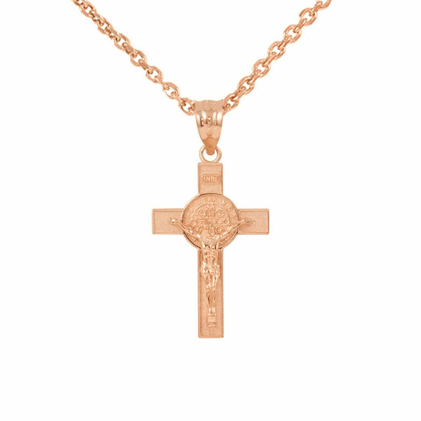 14K Solid Rose Gold Small Saint St. Benedict Crucifix Cross Pendant Necklace