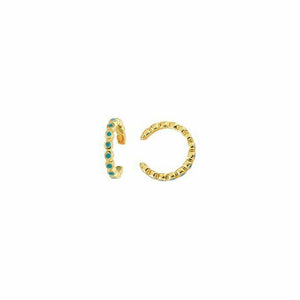 14K Solid Yellow Gold Turquoise Enamel Ear Cuff Earrings - Minimalist
