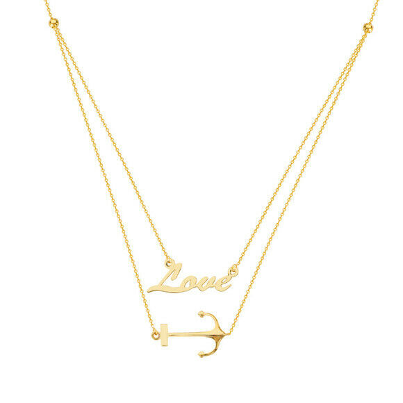 14K Solid Gold Duo Layering Anchor and Love Plate Necklace 16"-18" Adjustable