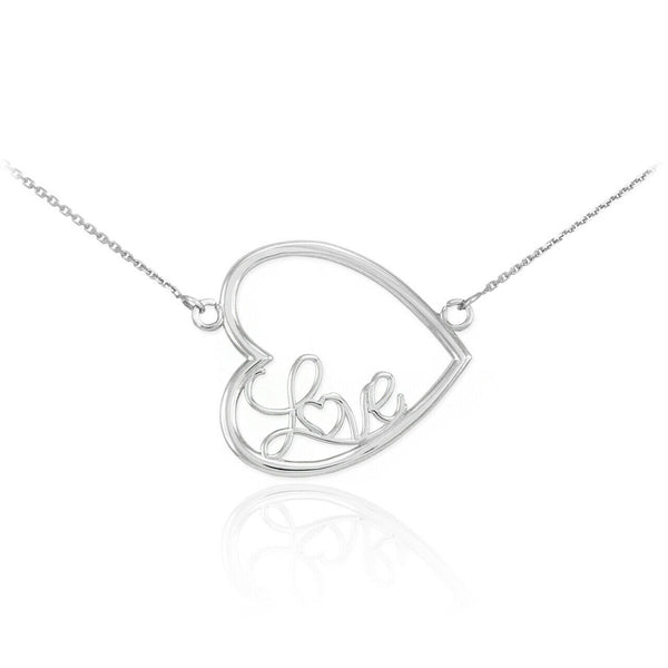 Sterling Silver Cut out Sideways Open Heart Love Script Necklace Valentine's Day