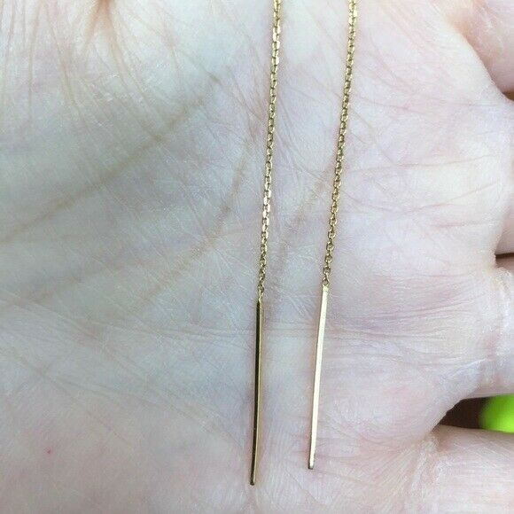 14K Solid Yellow Gold Mini Bar Cable Chain Threader Earrings