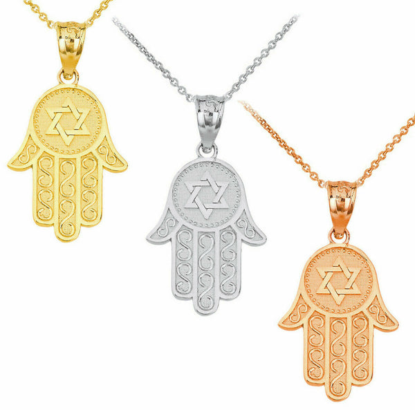 10k or 14k Solid Gold Star Of David Hamsa Hand Textured Pendant Necklace