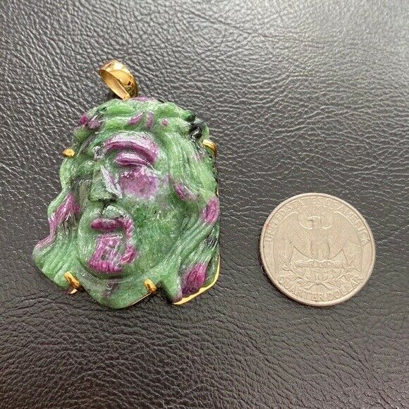 14K Real Solid Gold Natural Ruby Carved Jesus Christ Head Pendant Charm Large