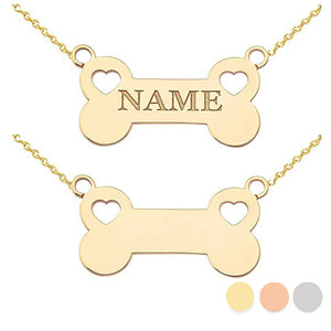 Personalized Name 10k 14k Solid Gold Dog Bone Sideways Heart Pendant Necklace