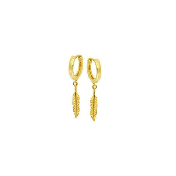 14K Solid Yellow Gold Baby Hoop Dangle Leaf Earrings