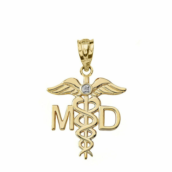 Solid 10k Yellow Gold Diamond MD Medical Doctor Wings Pendant Necklace