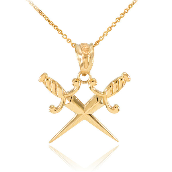 14k Sollid Yellow Gold Double Crossed Daggers Charm Pendant Necklace