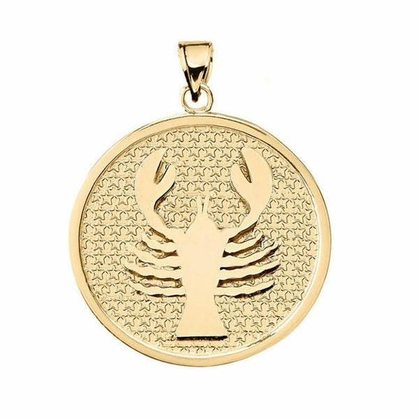 14K Solid Gold Cancer Zodiac Sign Disc Round Pendant Necklace