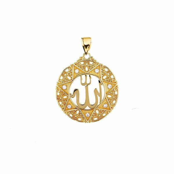 Solid 10k Yellow Gold Diamond Filigree Round Allah Pendant Necklace Small