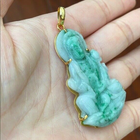 14K Solid Real Yellow Gold Natural Jadeite Jade Kwan Yin Lady Buddha Pendant 702