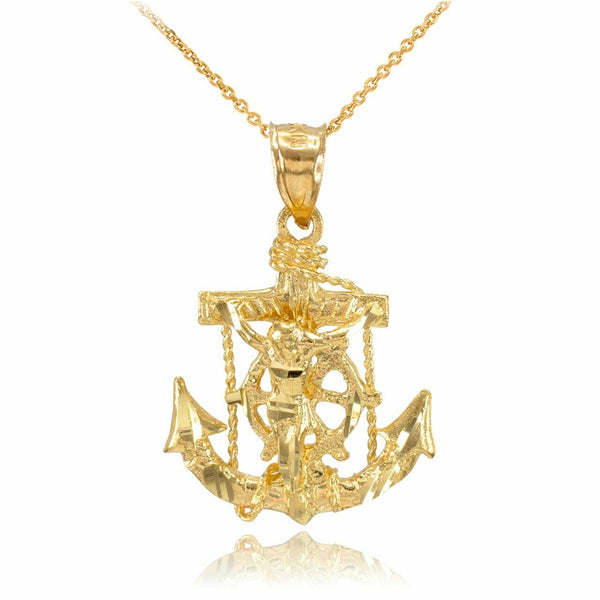 10K Solid Yellow Gold Mariner Crucifix Anchor Cross Pendant Necklace