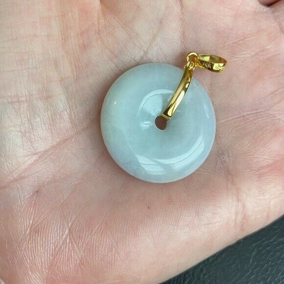 14K Solid Fine Real Yellow Gold Round Donut Natural Jadeite Icy Jade Pendant