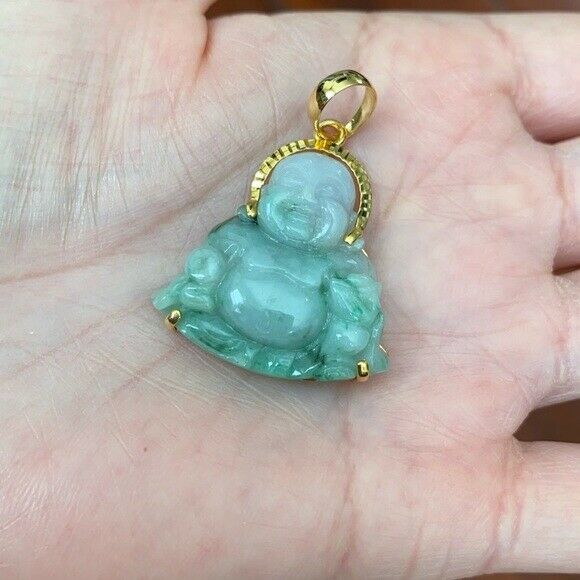 14K Solid Real Gold Natural Jadeite Jade Happy Laughing Buddha Pendant Male