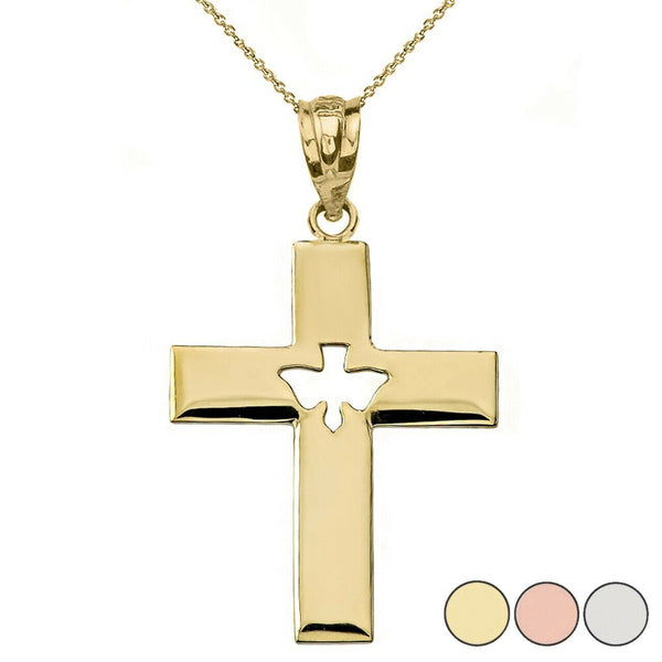 14K Solid Gold Religious Cross With Cut-Out Holy Spirit Dove Pendant Necklace