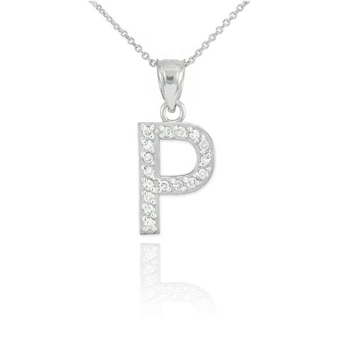 925 Sterling Silver Letter "P" Initial CZ Monogram Pendant Necklace 16 18 20 22"