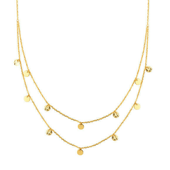 14K Solid Yellow Gold Layer Text Pol Disk Disc Double Strand BIB Necklace