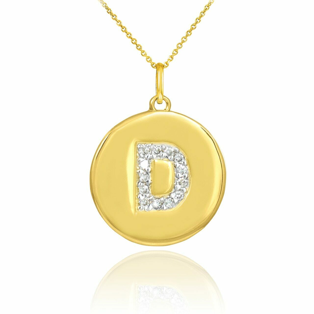 Solid 10k Yellow Gold Letter "D" Initial Diamond Disc Charm Pendant Necklace