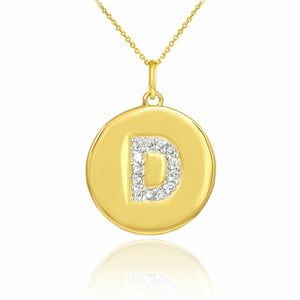 Solid 10k Yellow Gold Letter "D" Initial Diamond Disc Charm Pendant Necklace