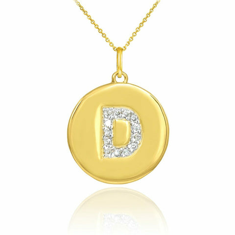 Solid 10k Yellow Gold Letter "D" Initial Diamond Disc Charm Pendant Necklace