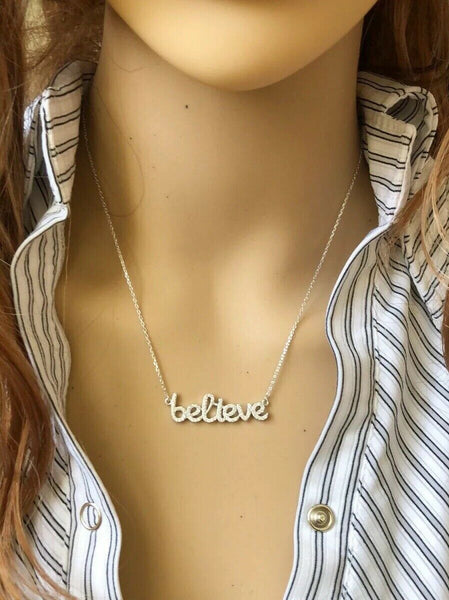 Fine Sterling Silver Believe Necklace with CZ 16"-18" adjustable