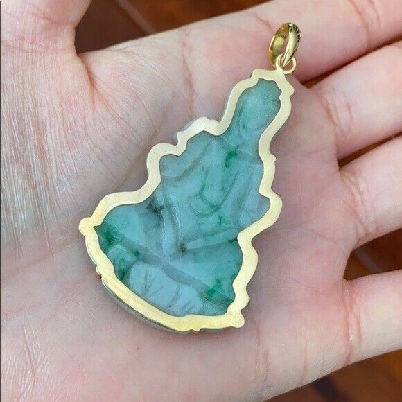 14K Solid Real Yellow Gold Natural Jadeite Jade Kwan Yin Lady