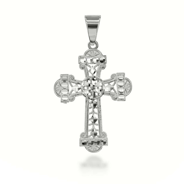 10K Solid Gold Sparkle Cut Filigree Ornate Cross Pendant Necklace