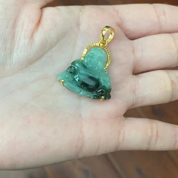 14K Real Gold Natural Jadeite Jade Happy Laughing Buddha Pendant Male Small