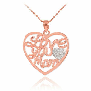 14K Rose Gold Diamond Heart " Love You Mom " Pendant Necklace Mother's Day Gifts