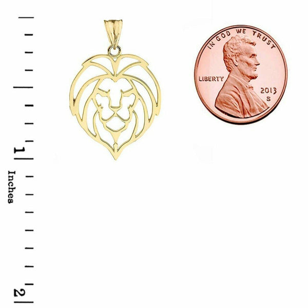 14K Solid Fine Yellow Gold Lion Head Cut Out Pendant Necklace