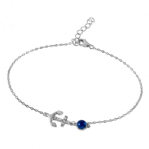 Sterling Silver Evil Eye Anchor Bracelet With CZ Accents