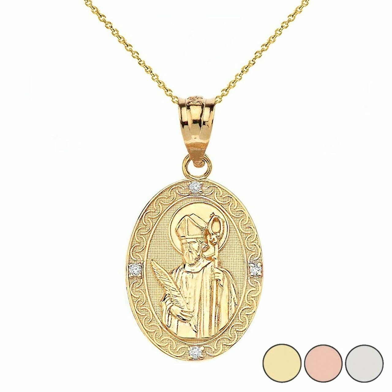 Solid 14k Yellow Gold Engravable Diamond Saint Valentine Oval Pendant Necklace