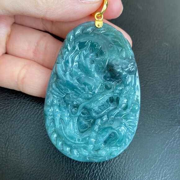 14K Solid Real Gold Carved Dragon Natural Jade Pendant Oval Large Men