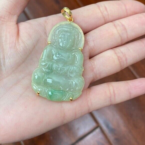 14K Solid Gold Lady Tara Buddhist Buddha Natural Jade Pendant Bodhisattva