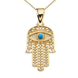 10k Yellow Gold Evil Eye Turquoise Stone Filigree Hamsa Hand Pendant Necklace