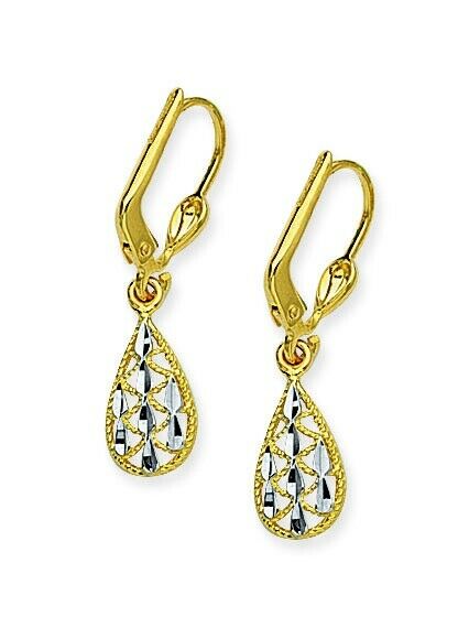 14K Solid Gold Two-Tone Filigree Dangle Cleverback Earrings