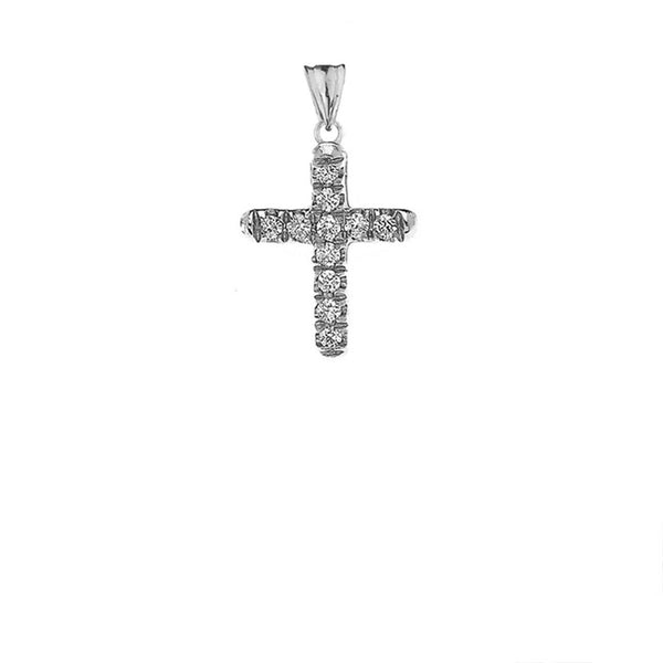 10k Solid White Gold Mini Elegant Diamond Cross Pendant Necklace - Minimalist