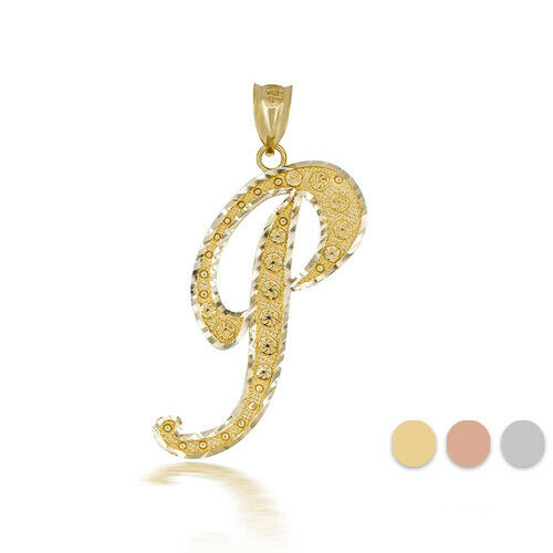 10k Solid Yellow Gold Cursive Initial Letter P Pendant Necklace