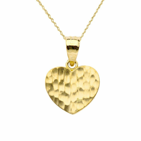 10k Yellow Gold Hammered Mini Small Heart Pendant Necklace